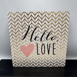 Hobby Lobby Hello Love Wood Box Sign Home Decor 10x10‎ White Gold Chevron Heart